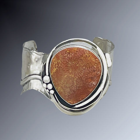 Fossilized Star Coral Silver Cuff Bracelet