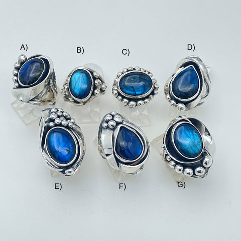 Labradorite, Royal Blue, Silver Rings