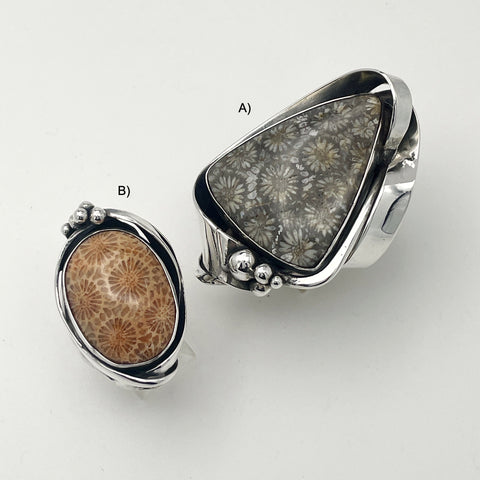 Fossilized Star Coral Silver Rings